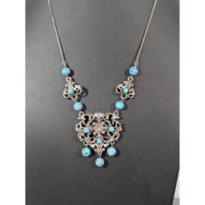 Vintage Turquoise Blue Peking Glass Bead Etruscan Statement Necklace Silver Tone